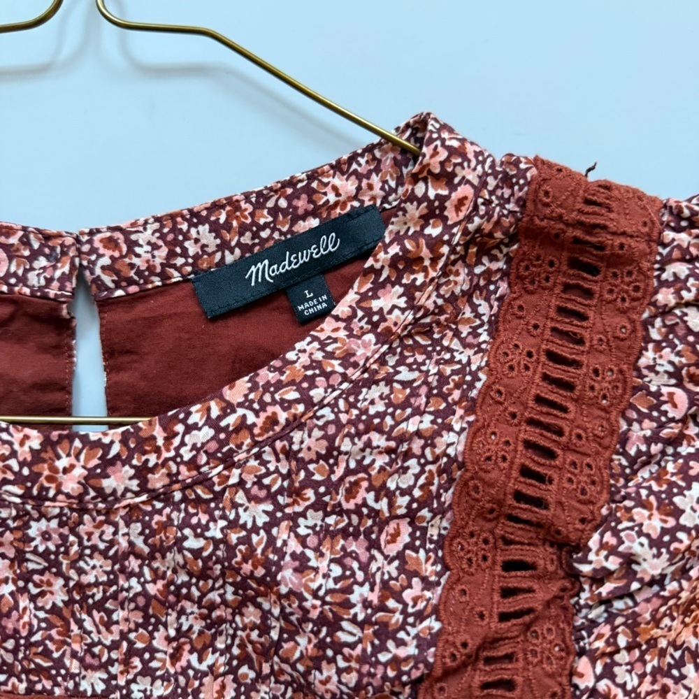 Madewell Floral Flutter-Sleeve Mini Dress Womens Large Cottage Garden Rust Brown - Picture 9 of 11